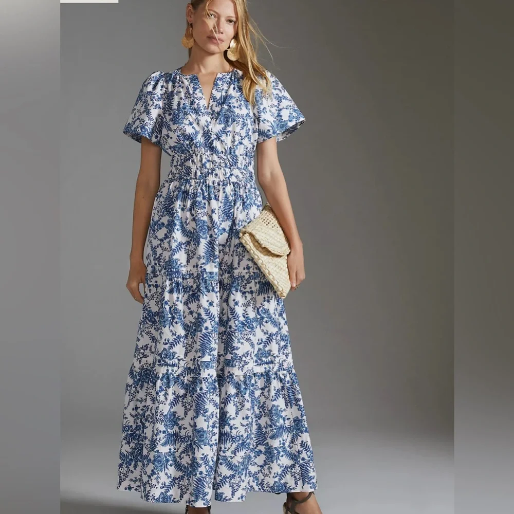 Anthropologie Blue and White Floral Tiered Maxi Dress - Picture 1 of 8